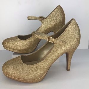 CityClassified Comfort Ankle Strap Glitter Pumps Gold Platform